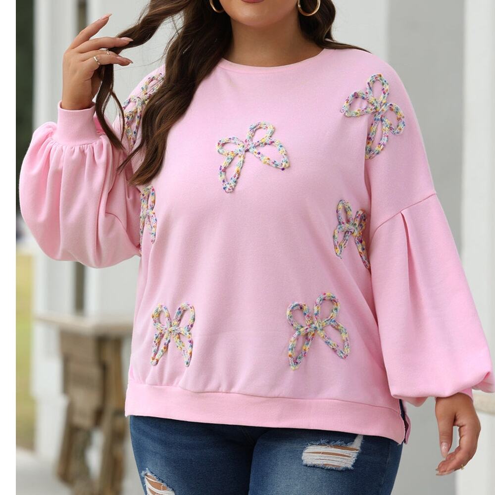 Embroidered Bow Lantern Sleeve Oversized Pullover Sweatshirt Kawaii - Picture 4 of 8
